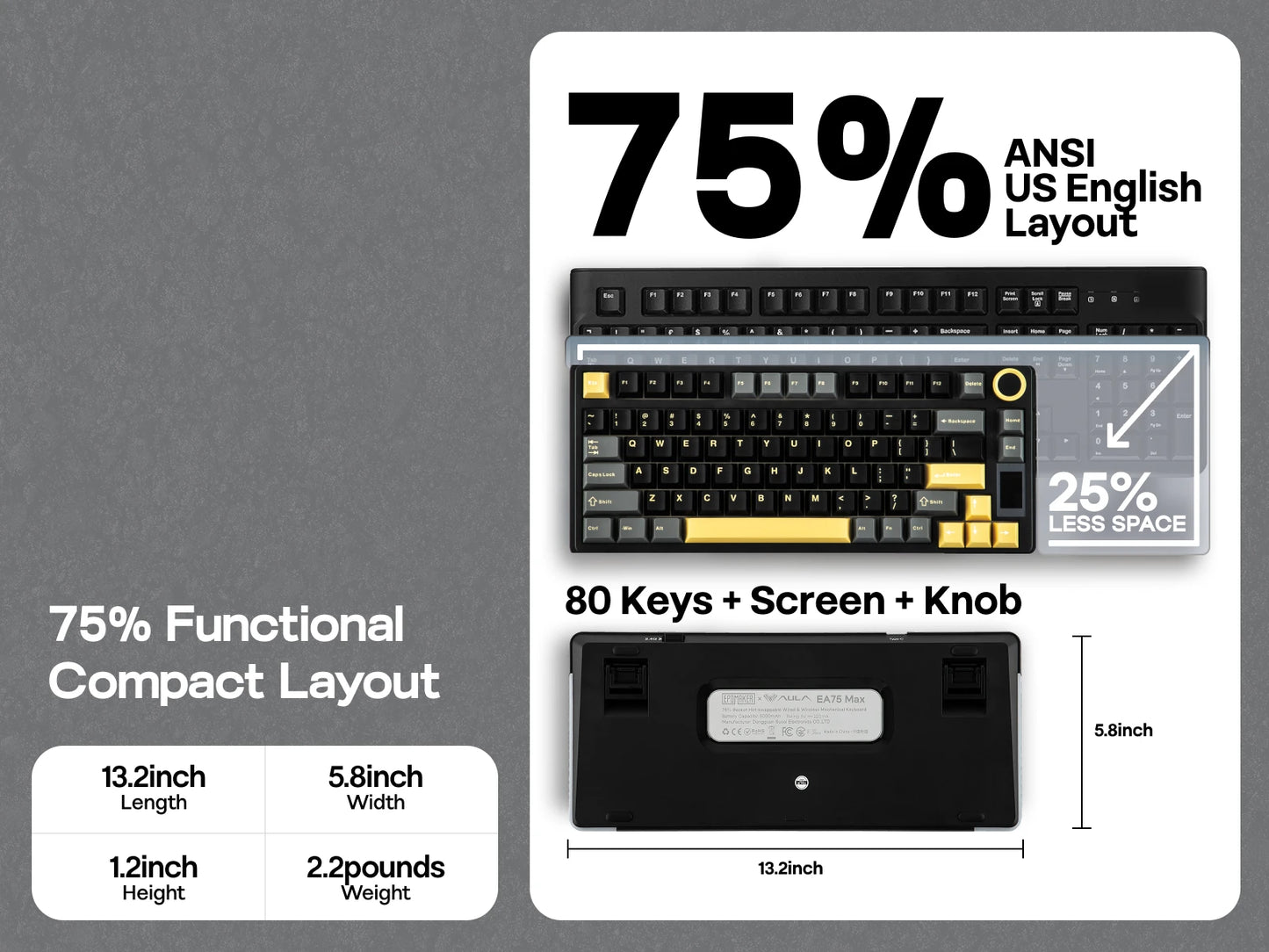 Teclado Mecânico Sem Fios EPOMAKER X AULA EA75 MAX 75% Layout ANSI US Hot-Swap Gasket com Fios/BT/2.4GHz com Ecrã e Botão Rotativo