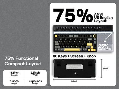 Teclado Mecânico Sem Fios EPOMAKER X AULA EA75 MAX 75% Layout ANSI US Hot-Swap Gasket com Fios/BT/2.4GHz com Ecrã e Botão Rotativo