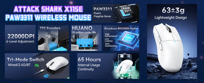 ATTACK SHARK X11SE Wireless Gaming Mouse, Tri-Mode Superlight Mouse with PAW3311 Sensor, 22000 DPI, 63g Ultra-Light RGB Gaming Mouse for PC, Laptop & Esports
