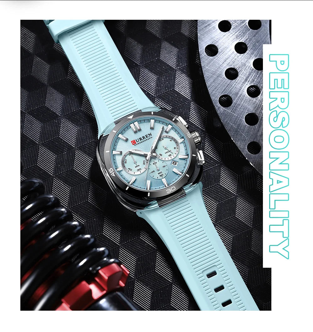 CURREN herenhorloge – Nieuw luxe quartzmodel, siliconen band, sportieve stijl, multifunctioneel, waterdicht, verlicht, met datumweergave en chronograaf.