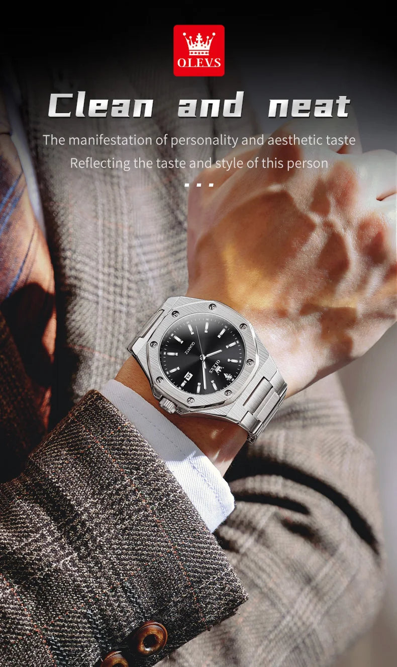 OLEVS Watches For Men Luxury Silver Blue Classic Quartz Watch for Man Waterproof Stainless Steel Luminous Reloj Hombre 2025
