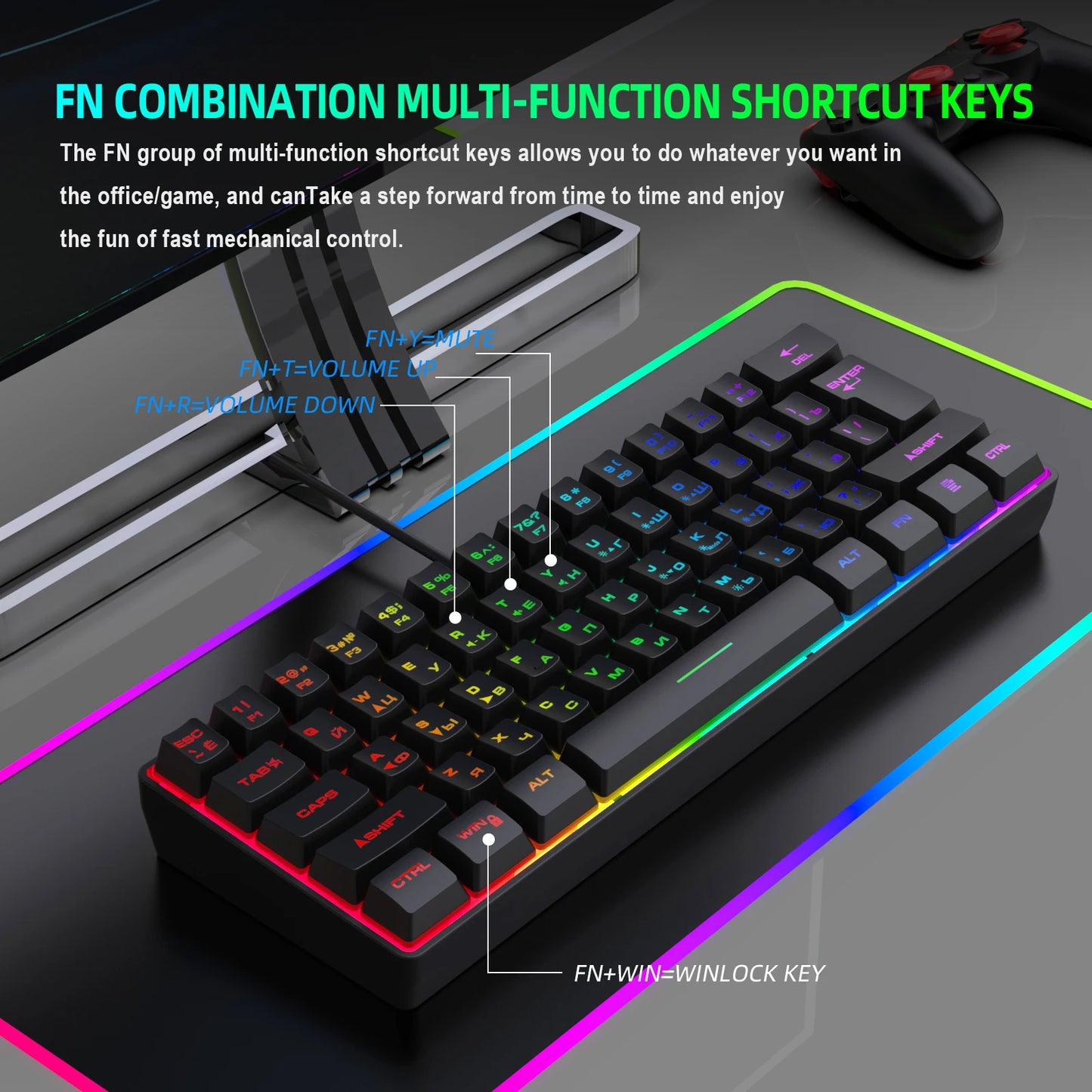 Teclado Gaming, Teclado Ultra-Compacto de 61 Teclas Russo/Inglês com Retroiluminação RGB, Teclado de Escritório Gaming Impermeável com Sensação Mecânica