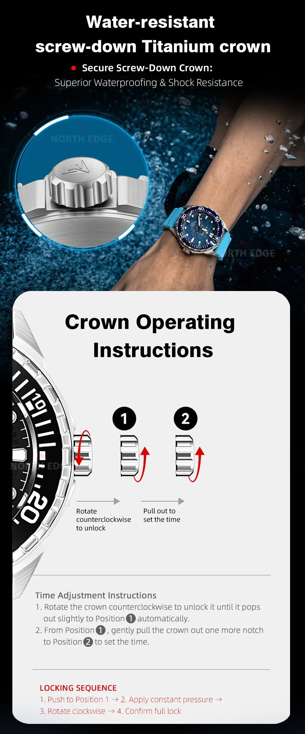 NORTH EDGE 2025 NEW+ TRITON-TI Titanium Solar-Powered Diving Watch Luxury Quartz Watches for Men 300M Waterproof 180+ Day Power