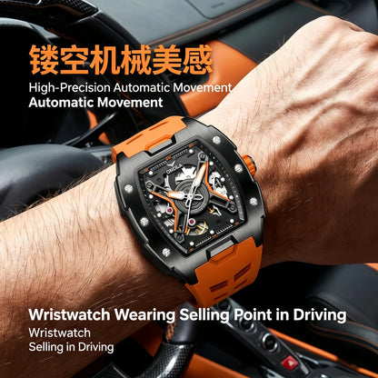 ONOLA Men's Rose Gold Automatic Mechanical Watch Silicone Strap Waterproof Luminous Hollow Dial Watch