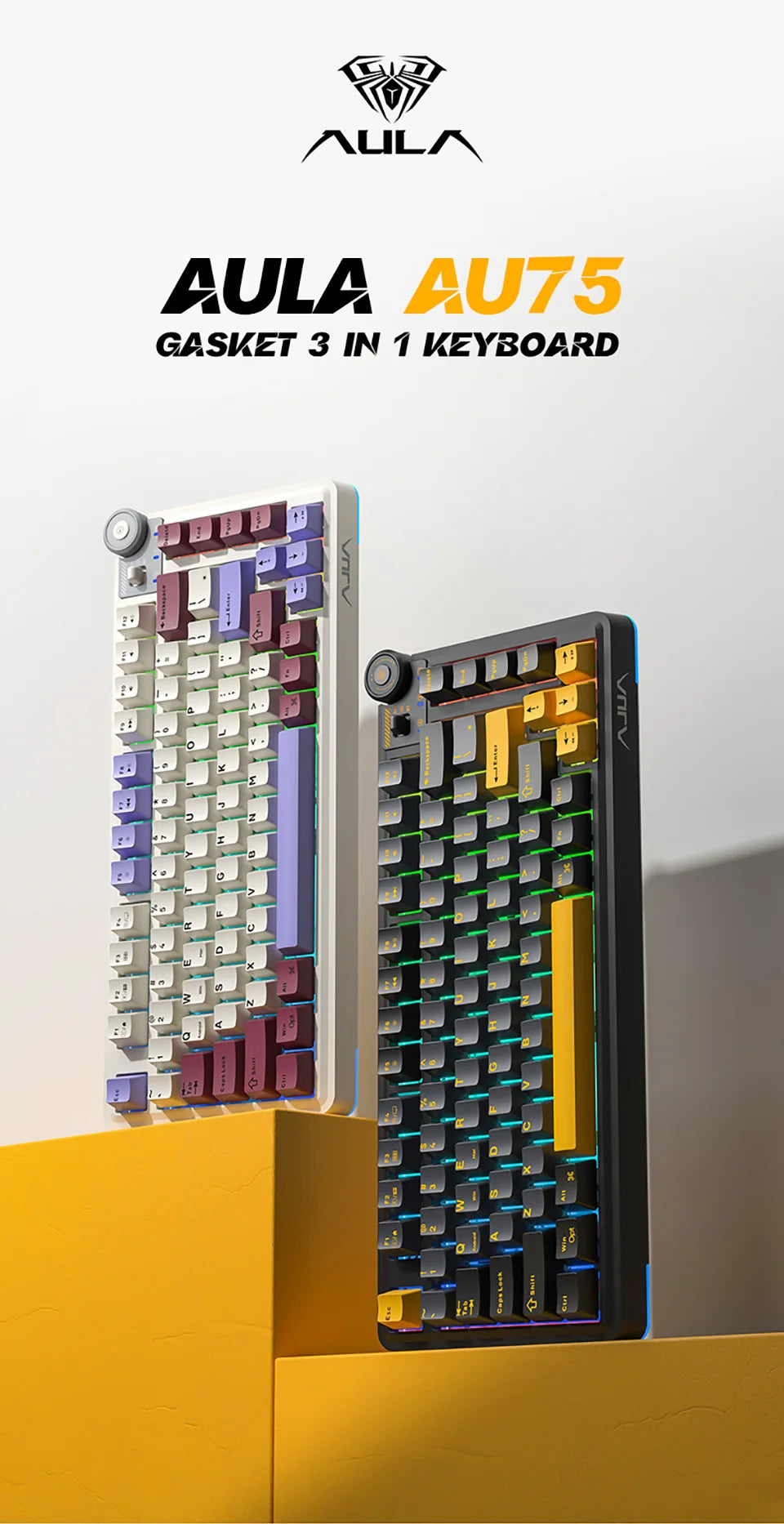 AULA AU75 Three Mode Mechanical Keyboard 81 Keys Hot Swappable RGB Esports Gaming Keyboard PBT Keycap PC Desktop Typing Keyboard