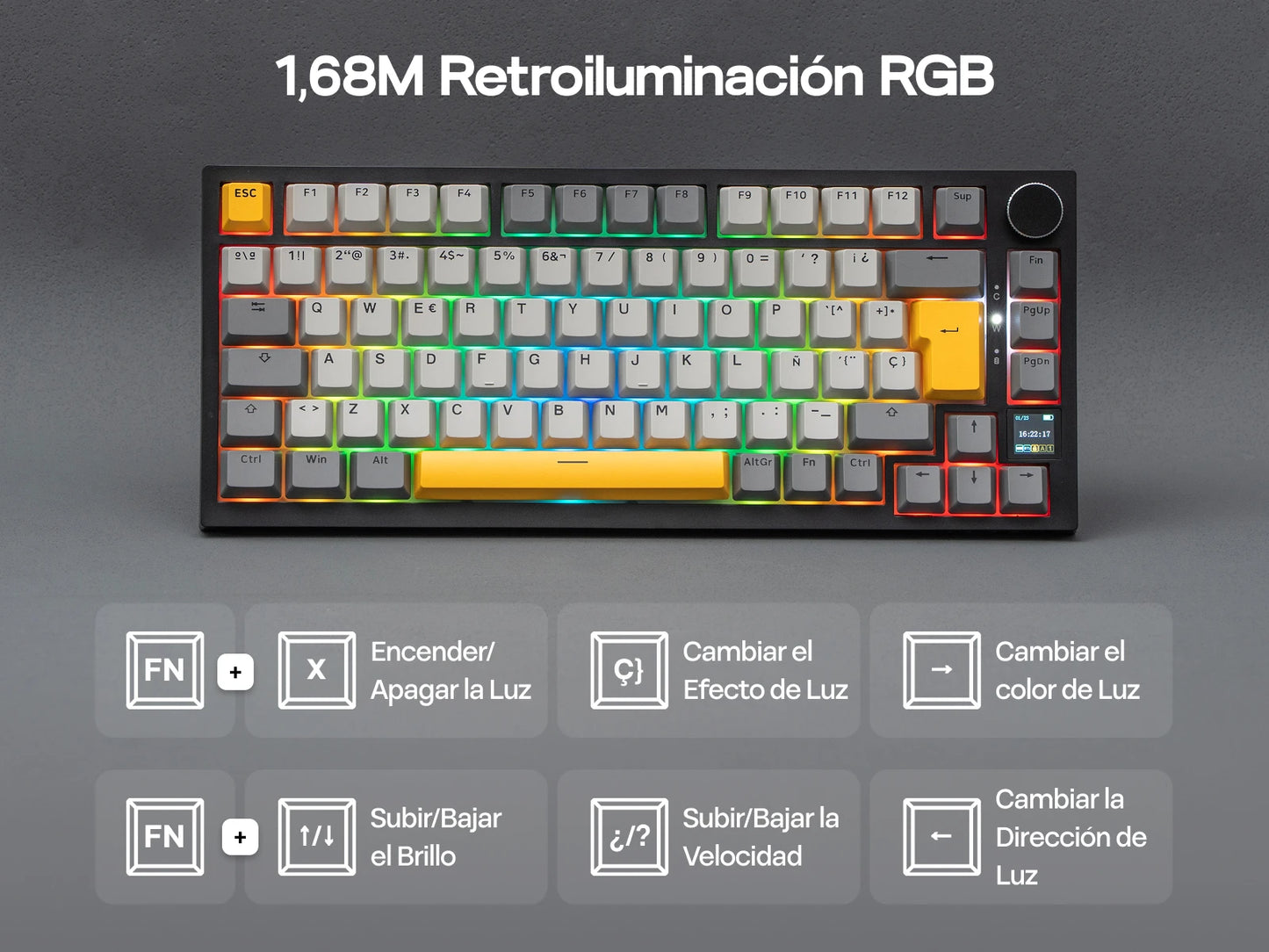 Teclado mecânico ISO-ES EPOMAKER X AJAZZ AK820 PRO 75% com layout espanhol, com fios/2.4GHz/BT, ecrã e botão rotativo para PC/Mac