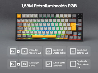 Teclado mecânico ISO-ES EPOMAKER X AJAZZ AK820 PRO 75% com layout espanhol, com fios/2.4GHz/BT, ecrã e botão rotativo para PC/Mac