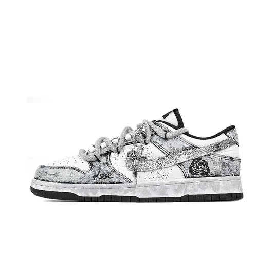 Custom Sneakers Nike Dunk "Silver Bloom Rose" Ink Wash & Splatter Wear-Resistant Low-Top Unisex Skate Shoes