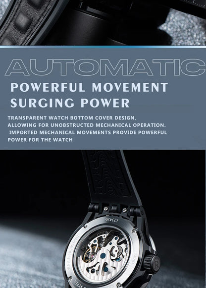 OBLVLO Men's Two Tone Big Skeleton Dial Mechanical Automatic Watch Luminous Waterproof Rubber Band Machinery Clock RD-903