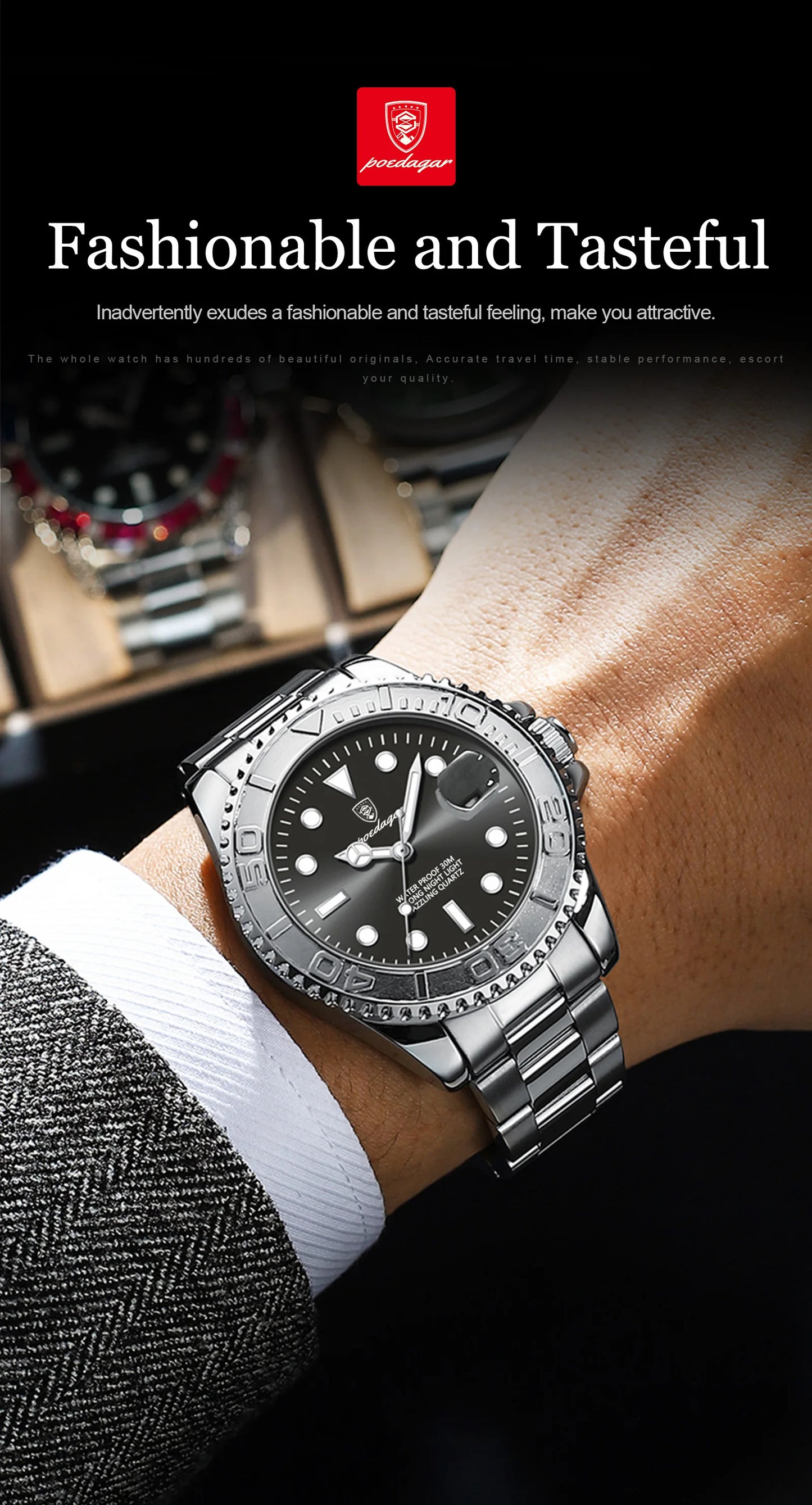 POEDAGAR Luxury Men's Watch Stainless Steel Date Quartz Fashion Watches For Man Waterproof Luminous Business Male Watch+Box Gift