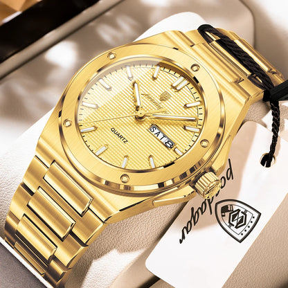 POEDAGAR Business Men Clock Date Week Stainless Steel Luxury Man Wristwatch Waterproof Luminous Sport Quartz Men's Watches Reloj