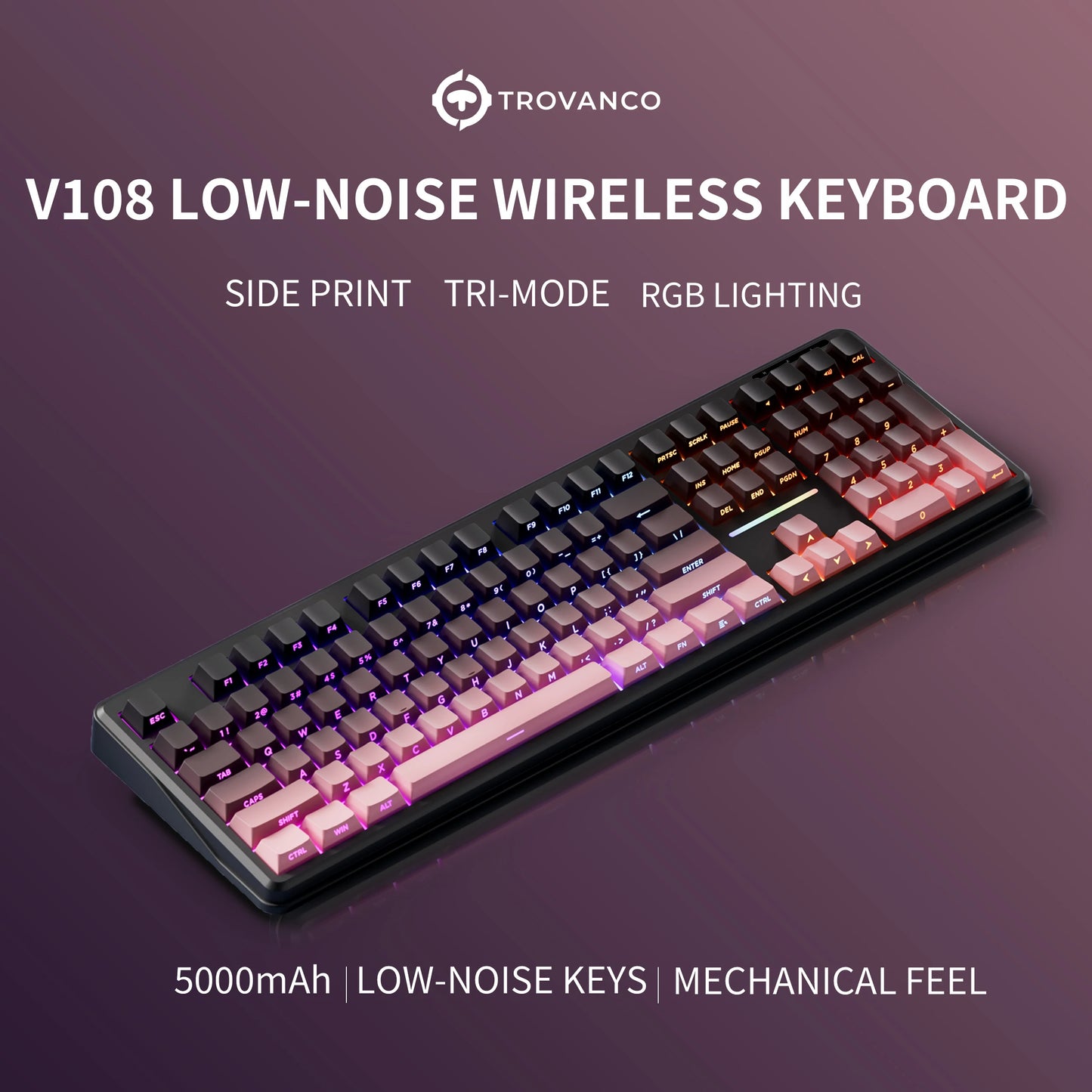 Teclado Bluetooth V108 Pro para escritório, baixo ruído, 2.4G, com e sem fios, layout completo, membrana com retroiluminação RGB