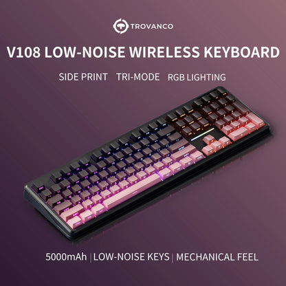 Teclado Bluetooth V108 Pro para escritório, baixo ruído, 2.4G, com e sem fios, layout completo, membrana com retroiluminação RGB