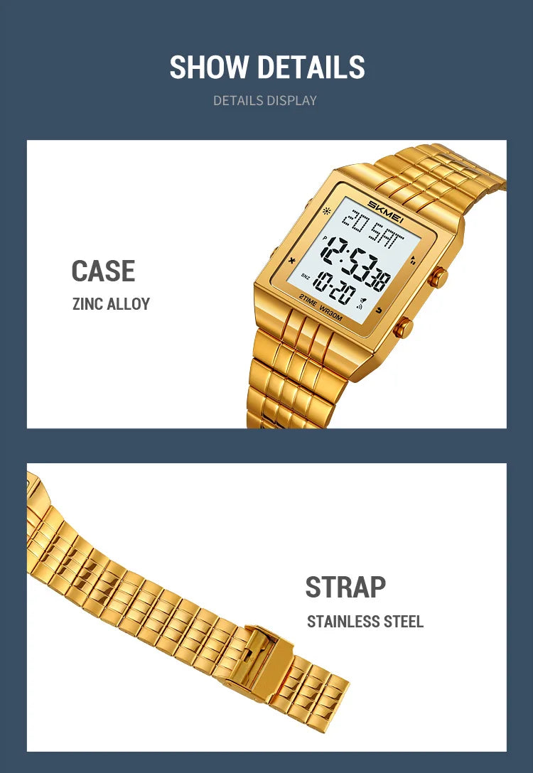 Skmei Luxury Digital Watches for Mens LED Waterproof Date Week Display Chronograph Fashion Dual Time Zones Bracelet Steel Watch