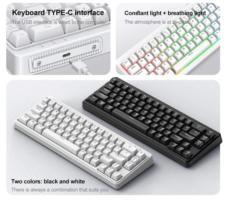 Teclado FREEWOLF M68SE com sensação mecânica, 68 teclas, mini teclado compacto com fios, silencioso, para portáteis, gaming e utilização em escritório
