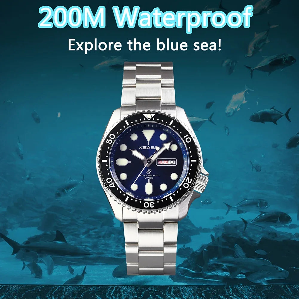 KEASO Top Men Dive Watch C3 Super Luminous 316L Solid Steel 20Bar Waterproof Sapphire Mirror MIYOTA 2035 Quartz Movement Watch