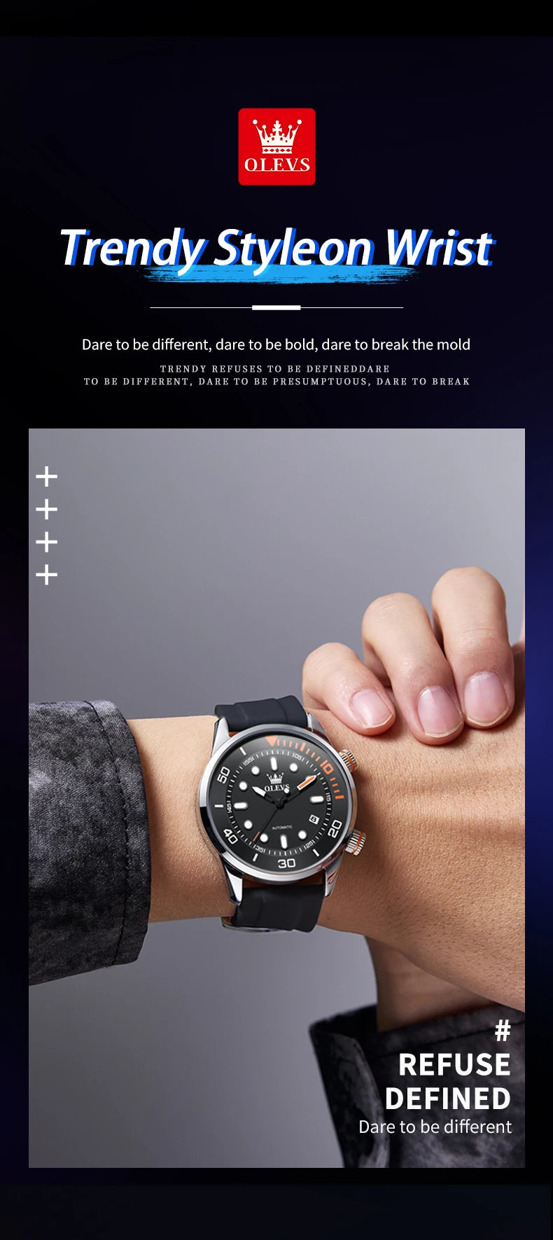 OLEVS Automatic Men's Watches Luxury Top Brand Green Water Ghost Diving Series Silicone Strap Original Mechanical Man Watch 6751
