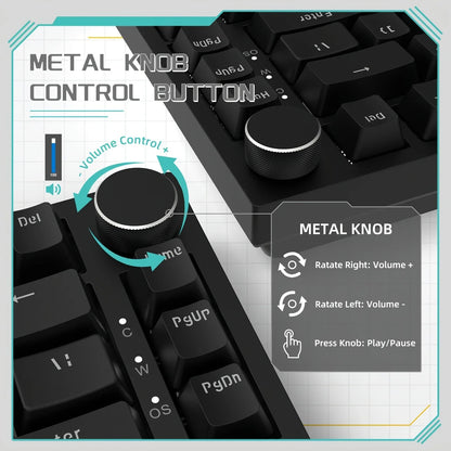 AJAZZ AK820 Mechanical Keyboard Hot-Swappable 82-Key Wired Keyboard with Rotary Volume Knob for Office, Gaming & Home