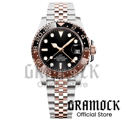 Gramock Rose Gold 40MM GMT NH34A Mechanical Watches Date Sapphire Crystal 100M Diving Rotating Bezel Men's Automatic Wristwatch