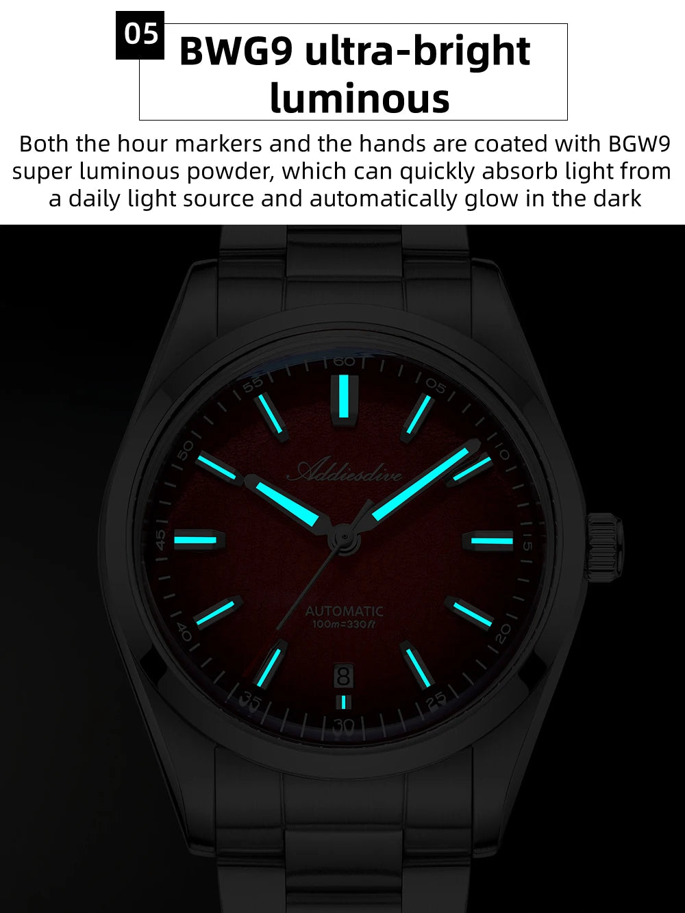 ADDIESDIVE Luxury Men's Automatic Watch BGW9 Super Luminous Bubble Mirror Glass 100m Waterproof Analog Men Steel Watches AD2531