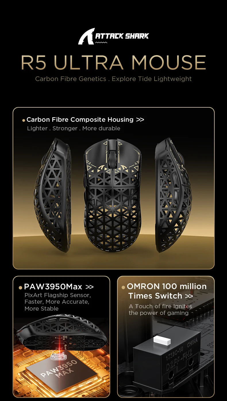 ATTACK SHARK R5 Ultra bežični gaming miš od karbonskih vlakana, gaming senzor PixArt PAW3950MAX, 42000DPI, 8000Hz, MCU Nordic 52840