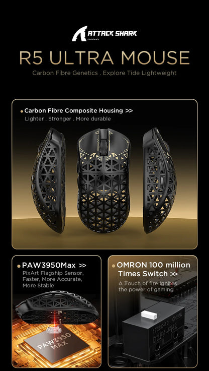 ATTACK SHARK R5 Ultra bežični gaming miš od karbonskih vlakana, gaming senzor PixArt PAW3950MAX, 42000DPI, 8000Hz, MCU Nordic 52840