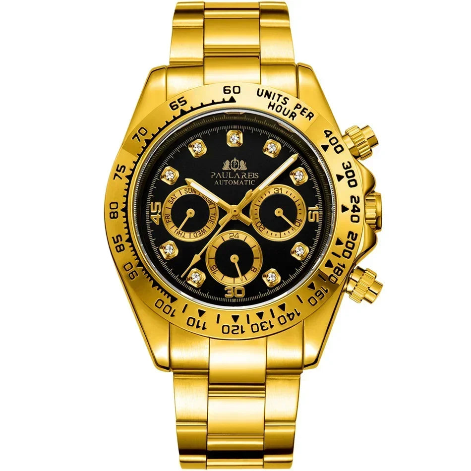Automatic Mens Watch Mechanical Self Wind Movement Gold Black Stainless Steel Diamonds Stone Sports Luxury Fashion Watches