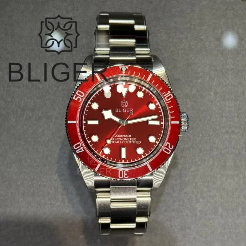 BLIGER 39mm Classic Wine Red Diver Watch For Men NH35 Mechanical Domed Sapphire Glass100m Waterproof Super Luminous Reloj Hombre