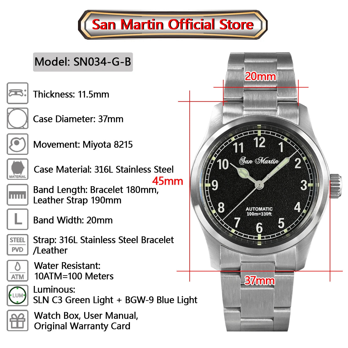 San Martin Simple Men Watch 37mm Pilot Miyota 8215 Classic Military Explore Automatic Mechanical Watches Waterproof 100m