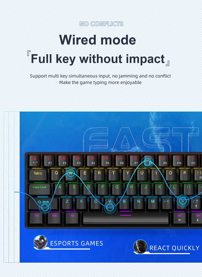 Teclado mecânico mini APAYADO K61, com fio, 61 teclas, Phantom RGB, interruptor mecânico vermelho/azul preto/branco para gaming, 60% portátil