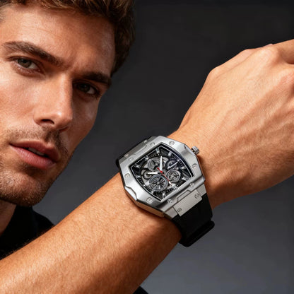 New Fashion Luxury Man Tonneau Hollow Skeleton Faux Mechanical Watch Men Militray Sports Silicone Quartz Watches Reloj Hombre