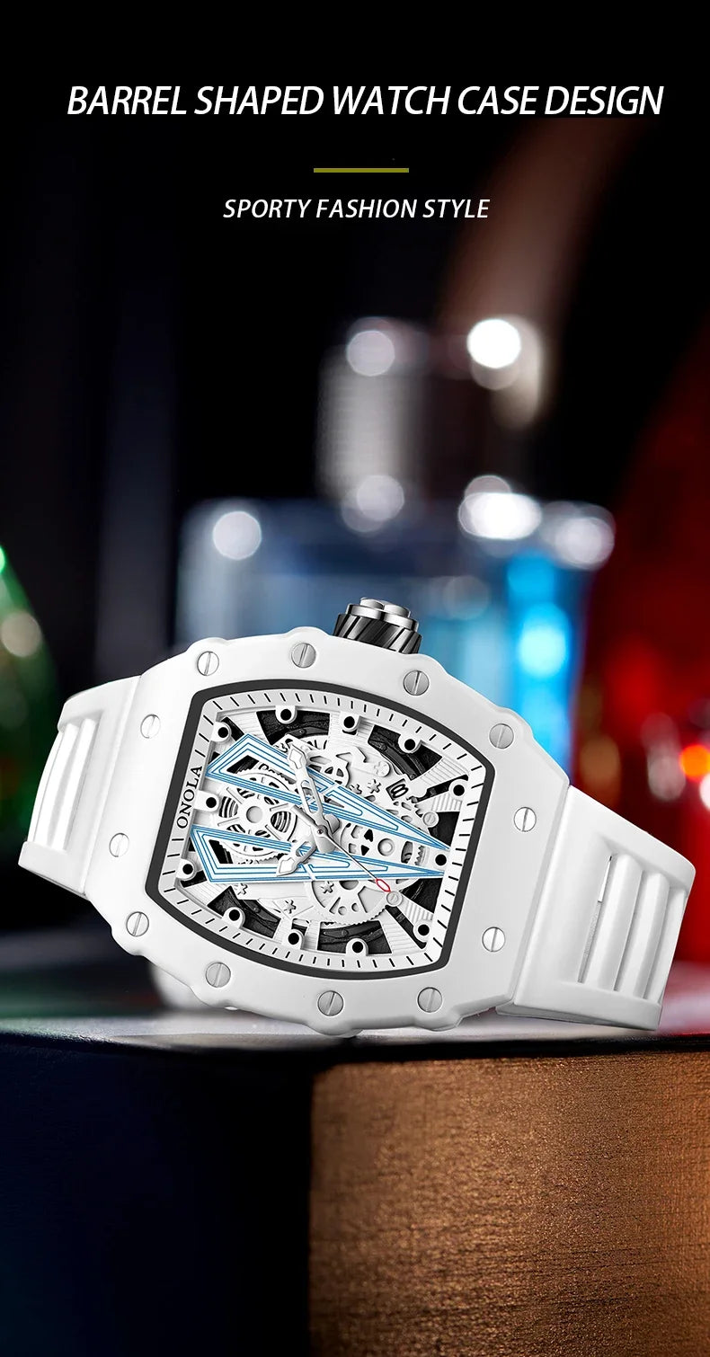 Gift Box Watches for Man ONOLA 3826W Trend White Men Watch Tonneau Calendar Waterproof Silicone Strap Relogios Masculino