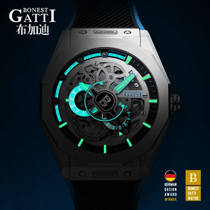 BONEST GATTI BG7601 Men's Automatic Mechanical Watch Sapphire Crystal Waterproof Luminous Rubber Strap Wristwatch