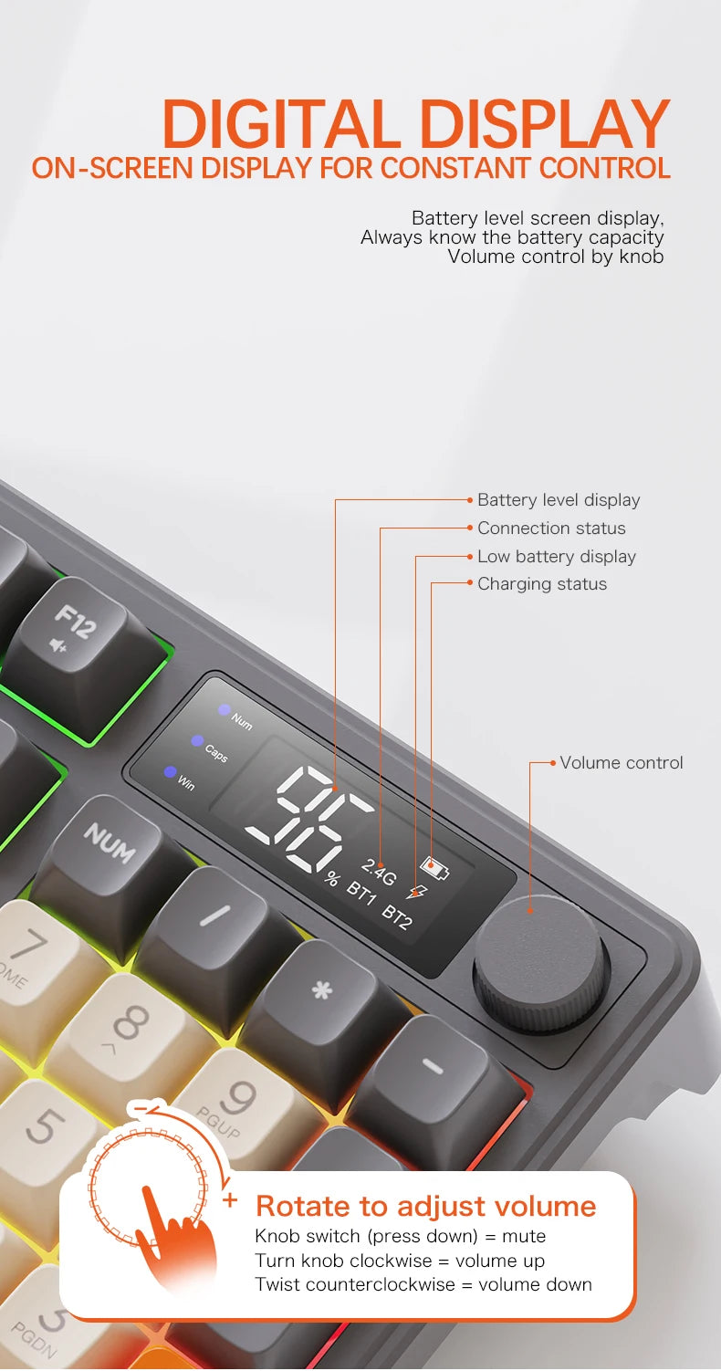 Teclado Bluetooth Sem Fios M96 FREEWOLF com Ecrã Gaming, Ecrã Eletrónico, Ligação a Vários Dispositivos, Ergonomia Gaming