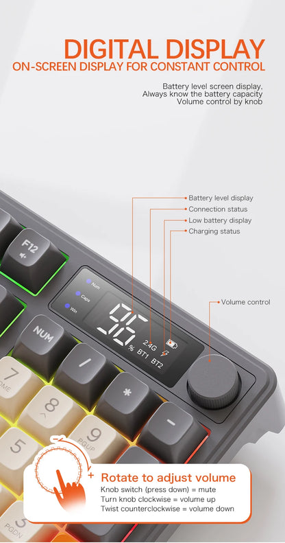 Teclado Bluetooth Sem Fios M96 FREEWOLF com Ecrã Gaming, Ecrã Eletrónico, Ligação a Vários Dispositivos, Ergonomia Gaming