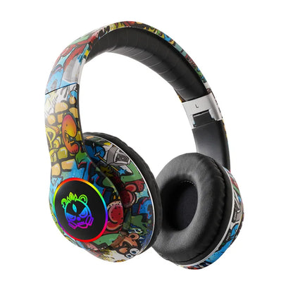 Auscultadores Gaming Bluetooth Sem Fios New Graffiti LX-8686 com Microfone, Iluminação LED, Suporte para Cartão TF, Graves Profundos e Design Over-Ear para PC, Gaming e Crianças