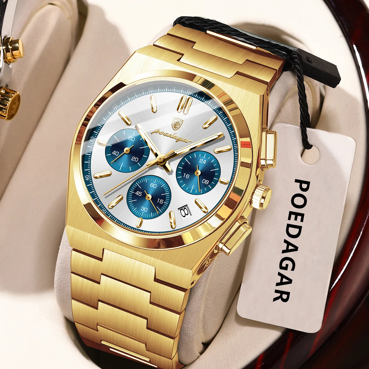 Montre pour homme POEDAGAR – Chronographe de luxe en acier inoxydable, avec date, étanche et luminescente – Montre-bracelet sportive à quartz