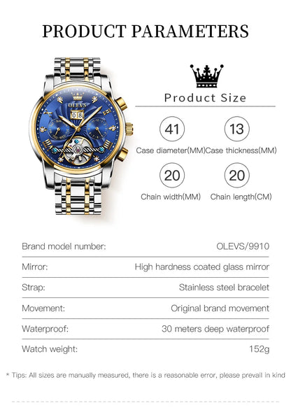 OLEVS 9910 Original Men's Automatic Mechanical Watch Luxury Skeleton Stainless steel Waterproof Luminous Watches