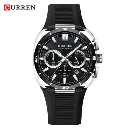 CURREN herenhorloge – Nieuw luxe quartzmodel, siliconen band, sportieve stijl, multifunctioneel, waterdicht, verlicht, met datumweergave en chronograaf.