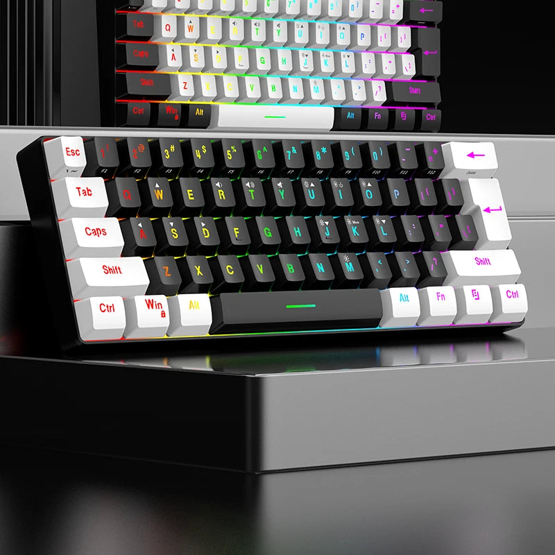 Teclado mecânico com fios de 61 teclas, branco, com switch preto e azul, à prova de água, iluminação RGB, kit para gaming e escritório, PUBG, retroiluminado