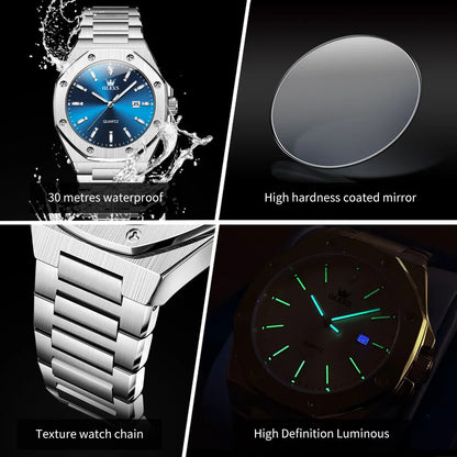 OLEVS Watches For Men Luxury Silver Blue Classic Quartz Watch for Man Waterproof Stainless Steel Luminous Reloj Hombre 2025
