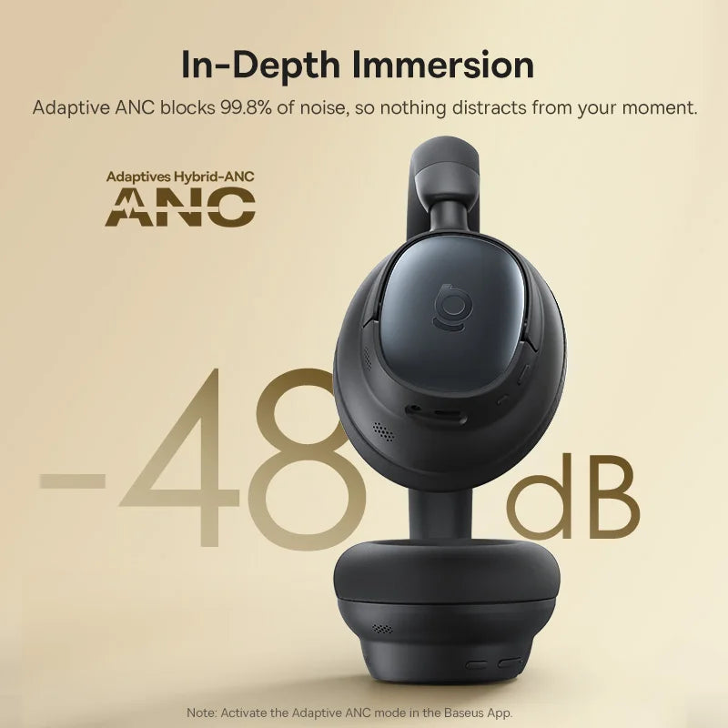 Baseus Bowie MH1 Bluetooth 6.0 Wireless Headphones with 48dB ANC, Hi-Res LDAC Audio, Baseus Bowie MH1 Noise Cancelling Over Ear Headset with 80H Battery