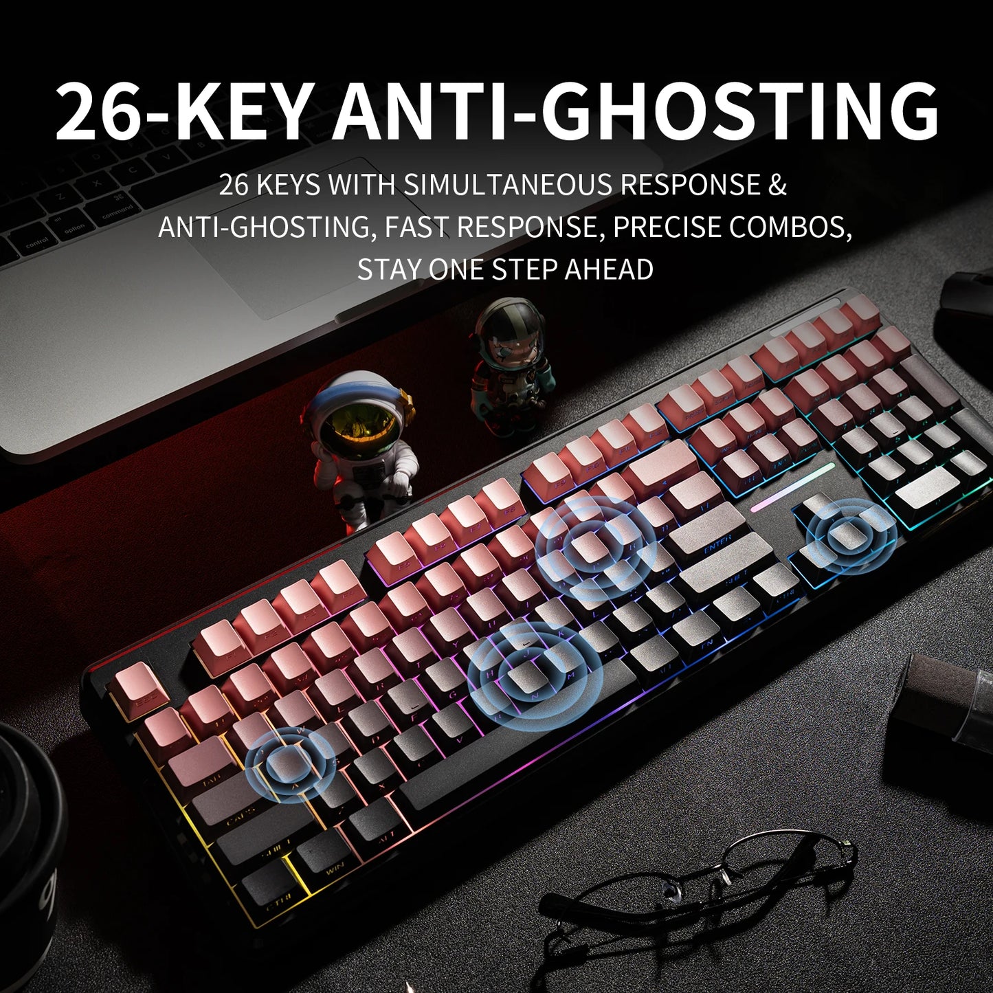 Teclado Bluetooth V108 Pro para escritório, baixo ruído, 2.4G, com e sem fios, layout completo, membrana com retroiluminação RGB