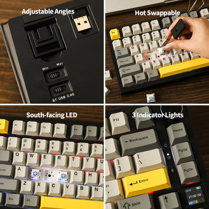 Teclado mecânico Ajazz AK820 Pro 75% com montagem gasket, Bluetooth 5.1/2.4G sem fios/com fios e ecrã TFT para Mac/Win