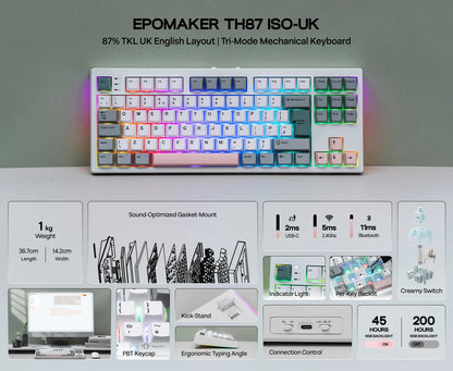 Teclado mecânico EPOMAKER TH87 TKL com layout ISO-UK, ligação com fio/BT/2.4Ghz sem fios, NKRO, bateria de 10000mAh e iluminação RGB