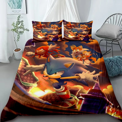 Cartoon Duvet Cover Set , Washable Cotton Bedding – S-Sonic-S the H-Hedgehog Movie Theme Student Bedroom Decor for All Seasons