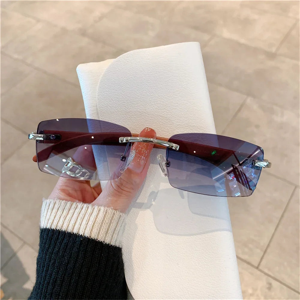 Rectangle Fashion Rimless Sunglasses for Women Men Gangster 90s Frameless Shades Retro Vintage Trendy Wooden Frame Eyewear