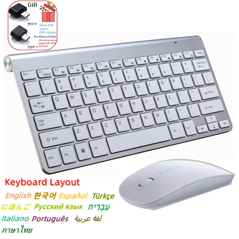 Conjunto de teclado e rato sem fios espanhol, hebraico, coreano e tailandês 2.4G Mini portátil para Windows, Mac e Android