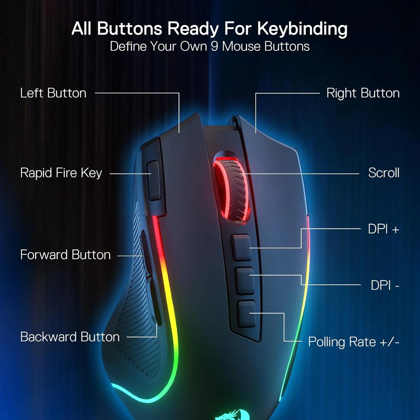 Mouse gaming Redragon M612 PRO BT & 2.4RGB, 8000 DPI, ottico cablato/wireless, 11 pulsanti programmabili e 6 modalità retroilluminate