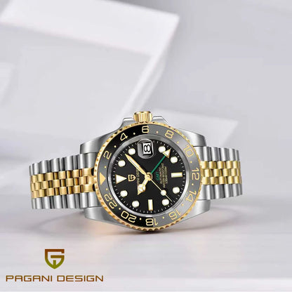 Mehanska moška ura Pagani Design GMT – Luksuzni model s safirnim steklom, ohišjem iz nerjavečega jekla in keramičnim okvirjem – Avtomatska moška ura, poslovni stil